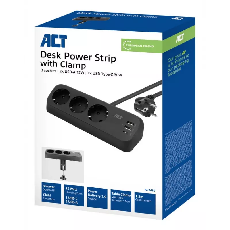 ACT stalinis maitinimo lizdas su 3 F tipo lizdais, 30 W „Power Delivery“, USB Type-C/A prievadais, laido ilgis 1,5 metro