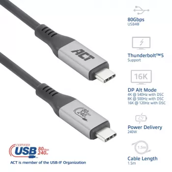 ACT USB4 80 Gbps Thunderbolt 5 laidas 240 W USB Type-C, USB-IF sertifikuotas, 1,5 metro