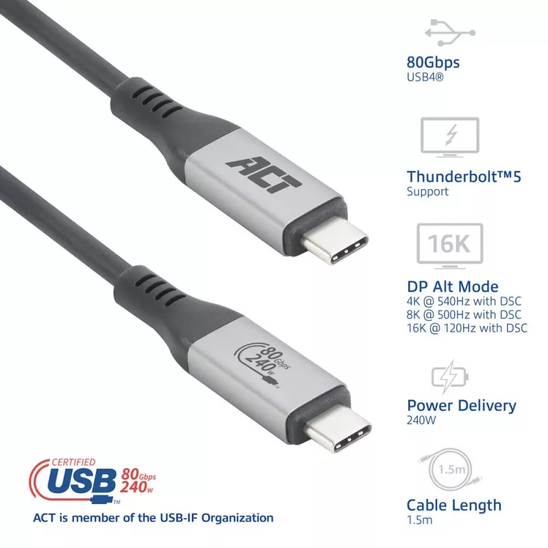 ACT USB4 80 Gbps Thunderbolt 5 laidas 240 W USB Type-C, USB-IF sertifikuotas, 1,5 metro