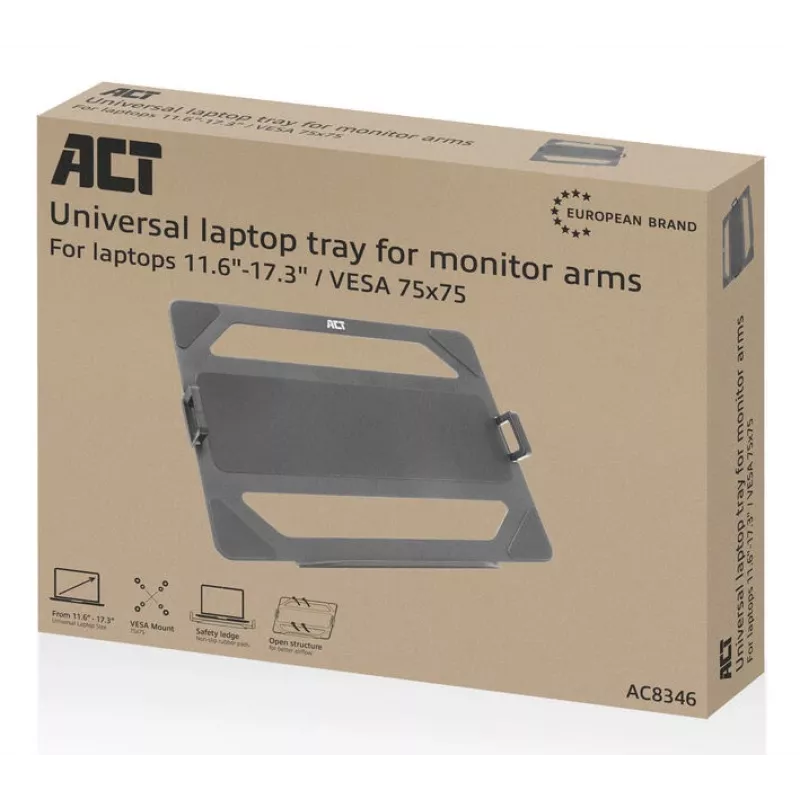 ACT universalus nešiojamojo kompiuterio padėklas monitoriaus laikikliams, juodas, plieninis, 29,5 cm (11,6 colio), 43,9 cm (17,3 colio), 9 kg, 75 x 75 mm