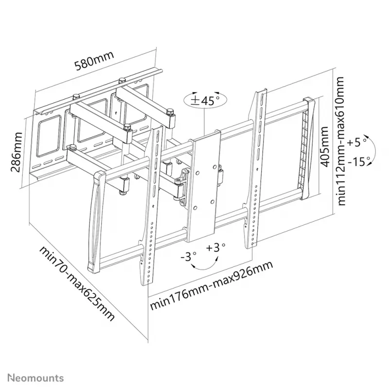 TV sieninis laikiklis Neomounts LFD-W8000 — vieno ekrano, 60 colių–100 colių (152,4–254 cm), 80 kg, VESA 200x200–900x600, pakreipimas 0–20°, 7–62,5 cm, juodas
