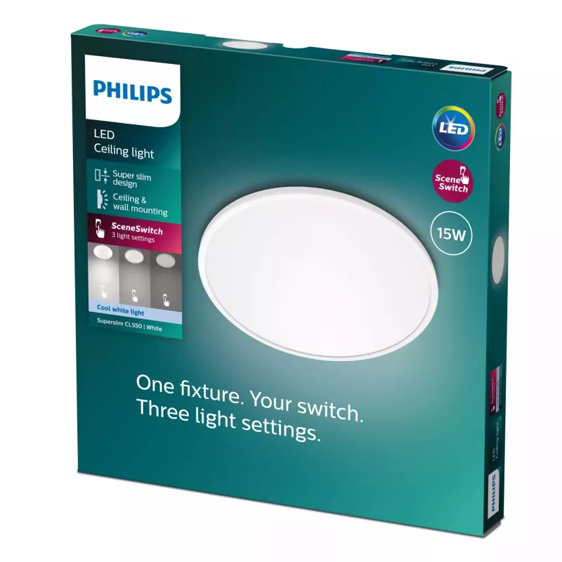 Lubinis šviestuvas Philips Functional Super plonas 15 W LED, apvalus, 250 mm, 220–240 V, baltas