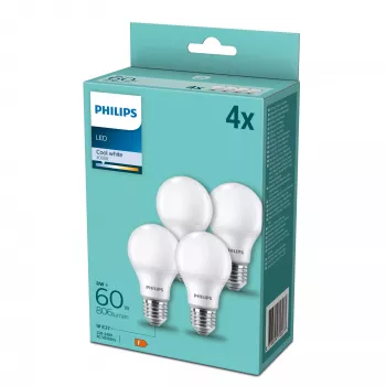 LED lempa Philips E27 60W 4000K, 4 vnt. pakuotė — E27 lizdas, 4000K neutrali balta