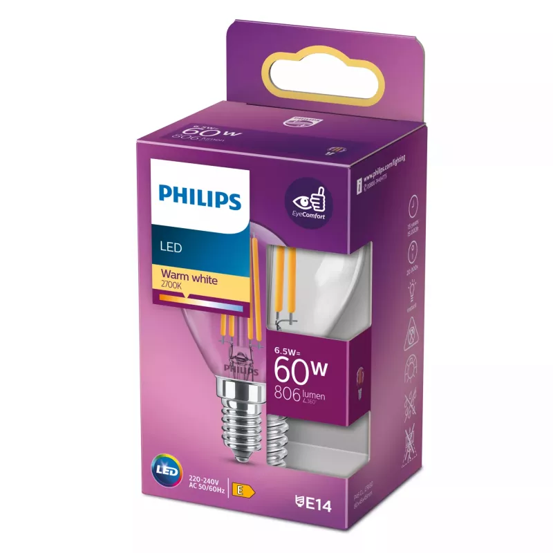 Philips Filament Candle Clear 60W P45 E14 6,5W šilta balta 806lm
