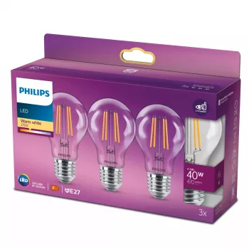 Philips Filament Bulb Clear 40W A60 E27 x3, 4.3 W, 40 W, E27, 470 lm, 15000 h, šilta balta