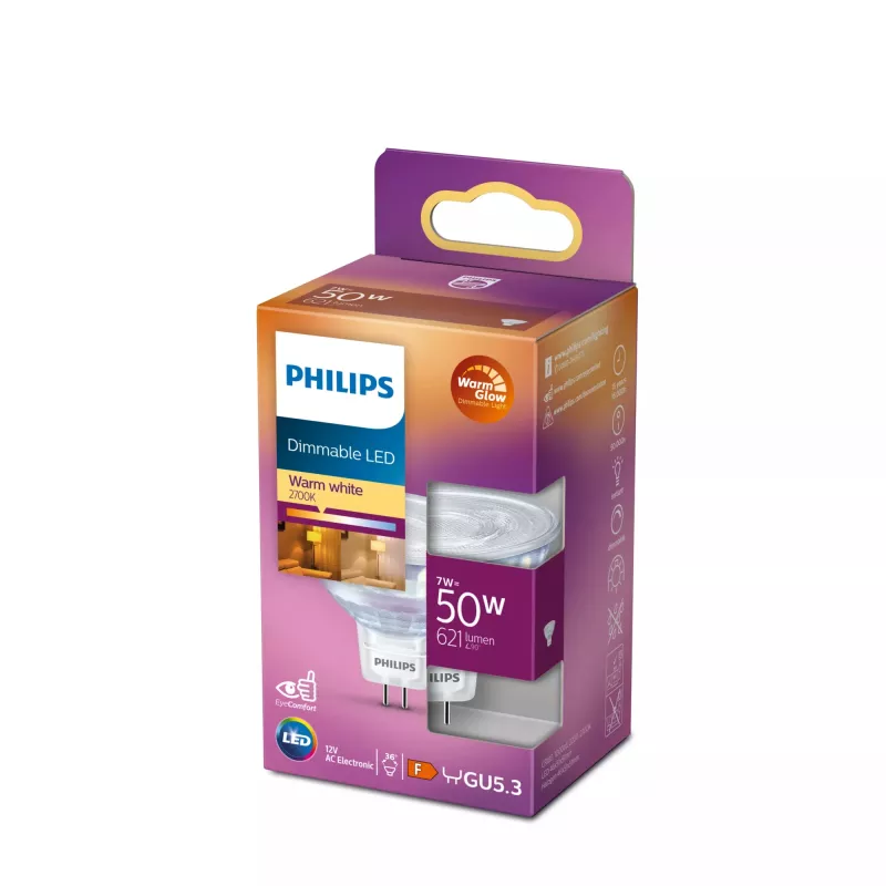 Prožektorinė lemputė Philips MR16 GU5.3 7 W (atit. 50 W), 621 lm, 2200 K šilta balta, 36° spindulio kampas, CRI 80, 15 000 val.