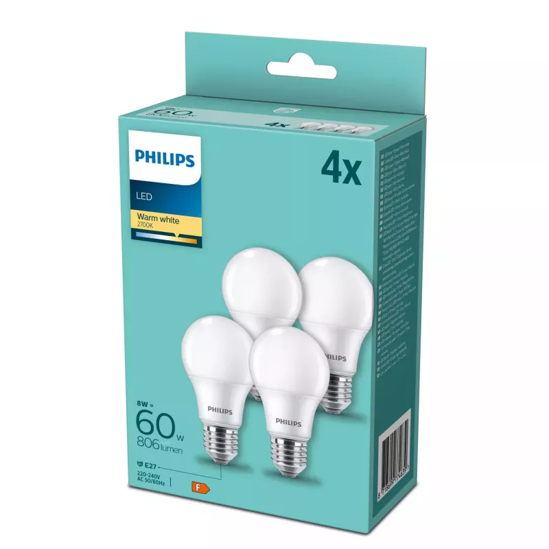 „Philips“ LED lemputė A60 E27 8W (atitinka 60W), 806 lm, 2700K, CRI 80, 15 000 val. — pakuotėje 4 vnt.