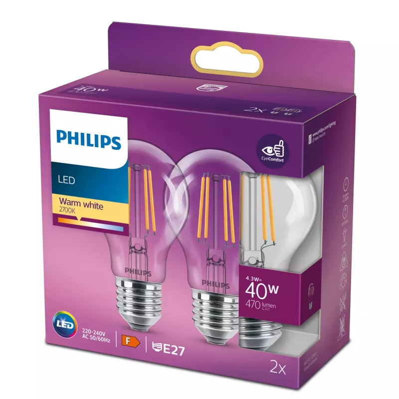 Philips kaitinamojo siūlelio lemputė skaidri 40W A60 E27 x2, 4.3 W, 40 W, E27, 470 lm, 15000 h, Šiltai balta
