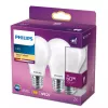 LED kaitinamojo siūlelio lemputė Philips A60 E27 7W (atitinka 60W), 2700K, 806 lm, matinė — pakuotėje 2 vnt.