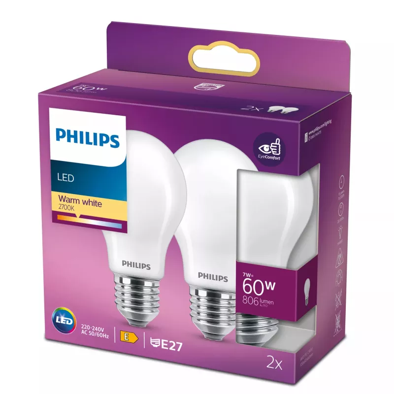 LED kaitinamojo siūlelio lemputė Philips A60 E27 7W (atitinka 60W), 2700K, 806 lm, matinė — pakuotėje 2 vnt.