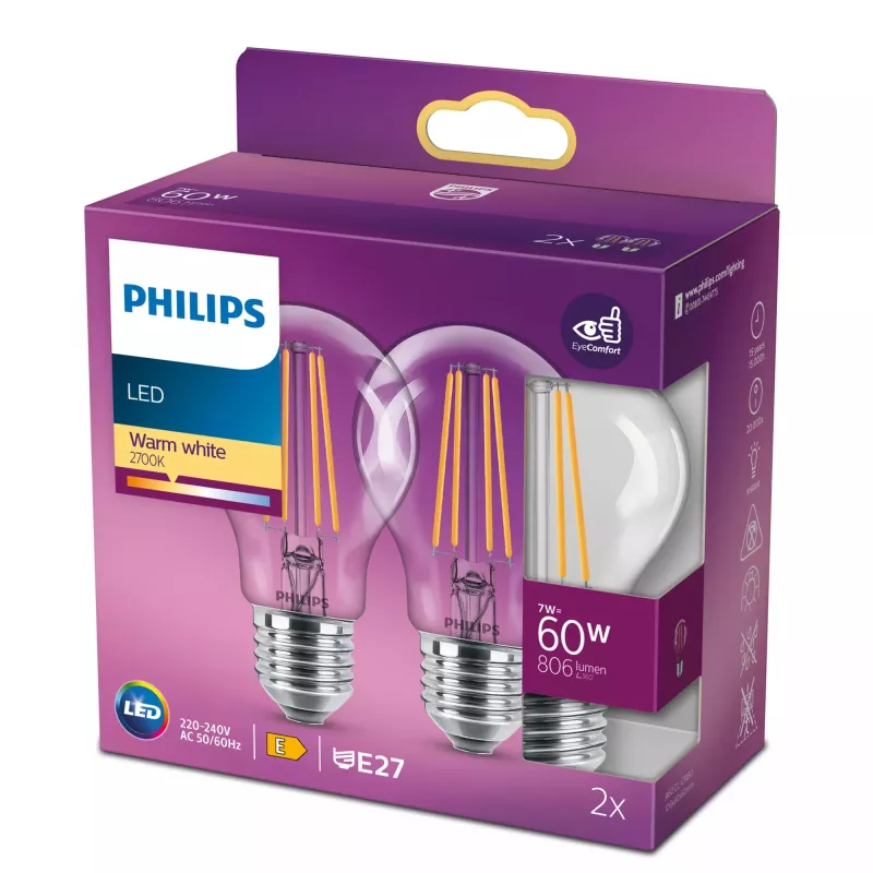 LED kaitrinė lemputė Philips A60 7W (atitinka 60W) E27 skaidri 2700K pakuotėje 2 vnt.
