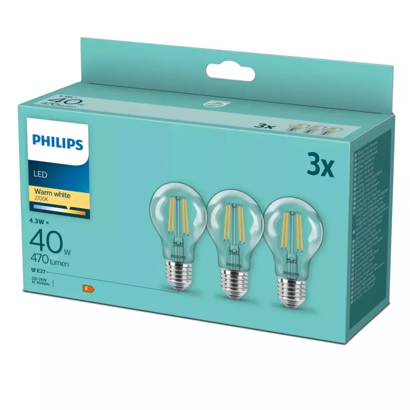 Philips 8718699777753 LED lemputė, šiltai balta, 2700 K, 4,3 W, E27, F