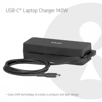 USB-C nešiojamojo kompiuterio įkroviklis CLUB 3D 140W, maitinamas iš kintamosios srovės tinklo, universalus suderinamumas, 1 m laidas, juodas