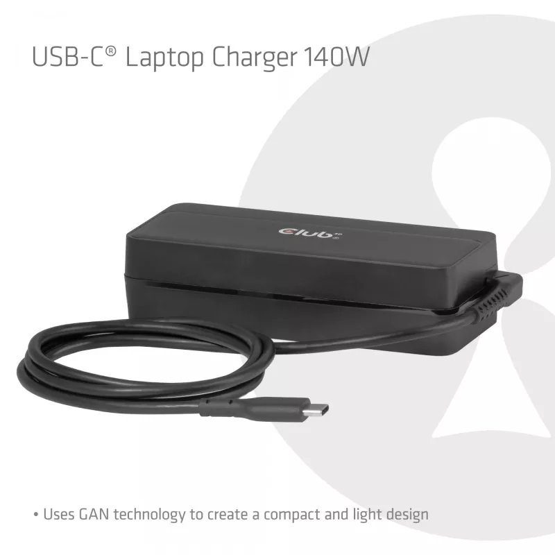 USB-C nešiojamojo kompiuterio įkroviklis CLUB 3D 140W, maitinamas iš kintamosios srovės tinklo, universalus suderinamumas, 1 m laidas, juodas