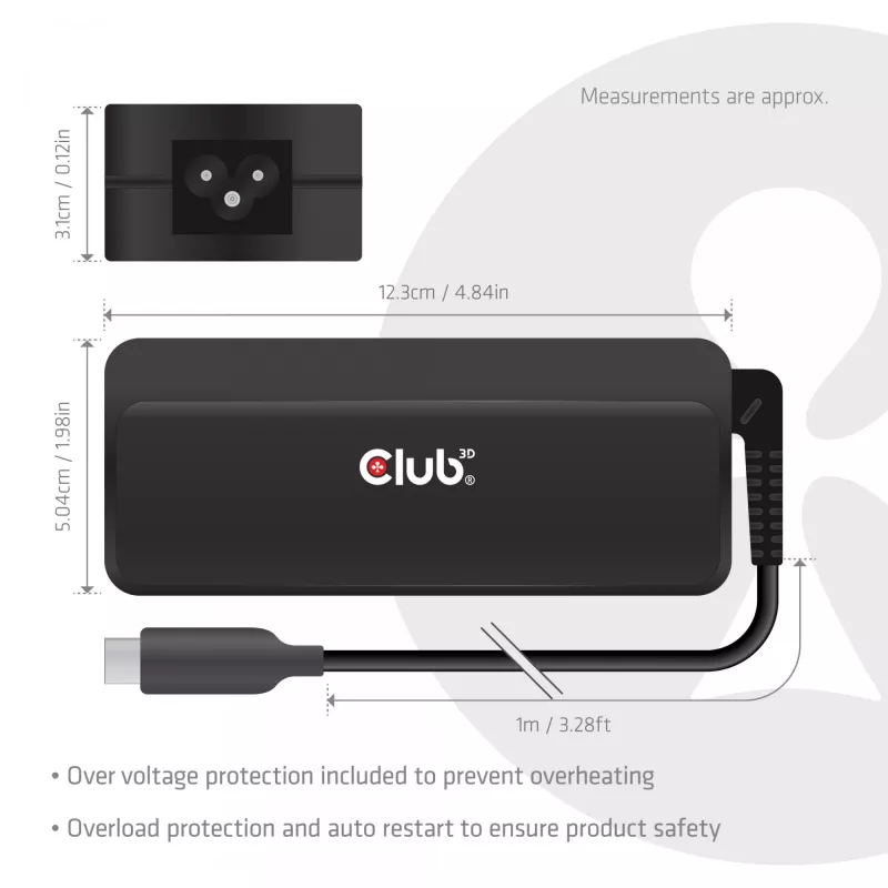 USB-C nešiojamojo kompiuterio įkroviklis CLUB 3D 140W, maitinamas iš kintamosios srovės tinklo, universalus suderinamumas, 1 m laidas, juodas