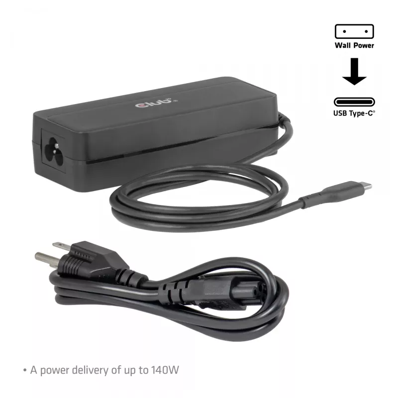 USB-C nešiojamojo kompiuterio įkroviklis CLUB 3D 140W, maitinamas iš kintamosios srovės tinklo, universalus suderinamumas, 1 m laidas, juodas