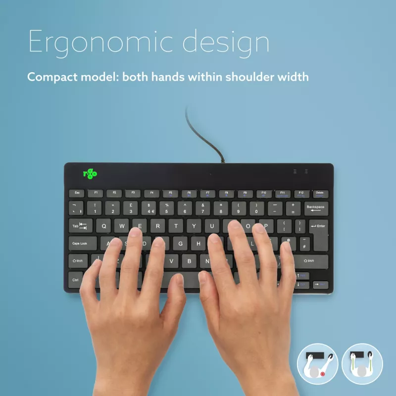 R-Go Tools ergonominė klaviatūra R-Go Compact Break, kompaktiška klaviatūra su pertraukų programine įranga, QWERTY (UK), laidinė, juoda