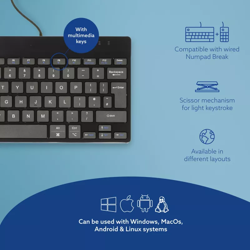 R-Go Tools ergonominė klaviatūra R-Go Compact Break, kompaktiška klaviatūra su pertraukų programine įranga, QWERTY (UK), laidinė, juoda