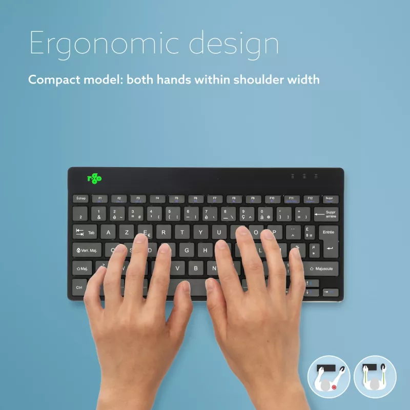 R-Go Tools ergonominė klaviatūra R-Go Compact Break, kompaktiška klaviatūra su pertraukų programine įranga, AZERTY (FR), Bluetooth, juoda