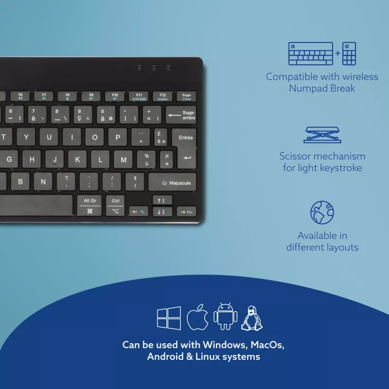 R-Go Tools ergonominė klaviatūra R-Go Compact Break, kompaktiška klaviatūra su pertraukų programine įranga, AZERTY (FR), Bluetooth, juoda