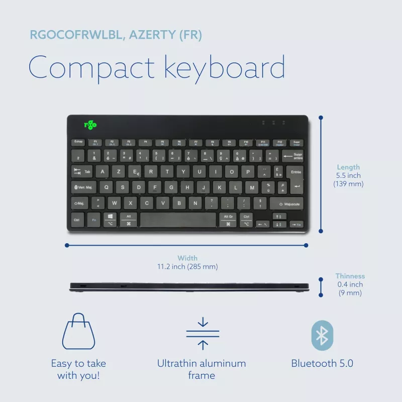 R-Go Tools ergonominė klaviatūra R-Go Compact Break, kompaktiška klaviatūra su pertraukų programine įranga, AZERTY (FR), Bluetooth, juoda