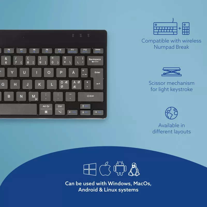 R-Go Tools ergonominė klaviatūra R-Go Compact Break, kompaktiška klaviatūra su pertraukų programine įranga, QWERTY (Šiaurės šalių), Bluetooth, juoda