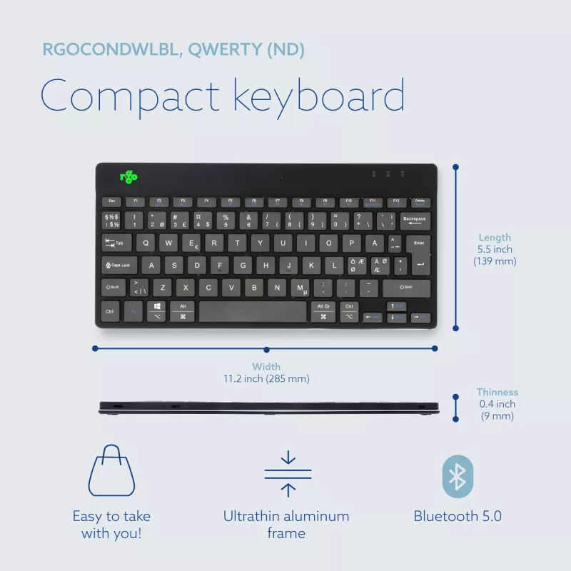 R-Go Tools ergonominė klaviatūra R-Go Compact Break, kompaktiška klaviatūra su pertraukų programine įranga, QWERTY (Šiaurės šalių), Bluetooth, juoda