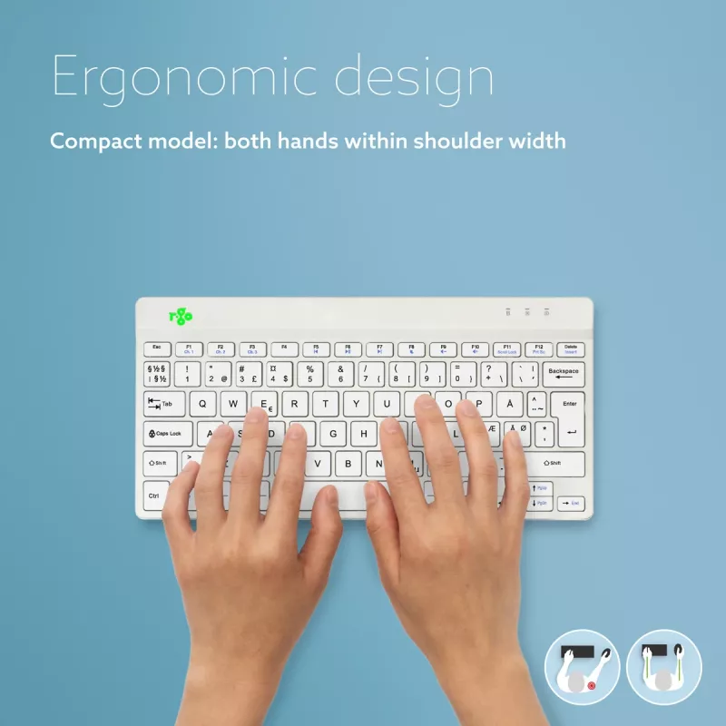 R-Go Tools ergonominė klaviatūra R-Go Compact Break, kompaktiška klaviatūra su pertraukų programa, QWERTY (ŠIAURĖS ŠALIMS), Bluetooth, balta