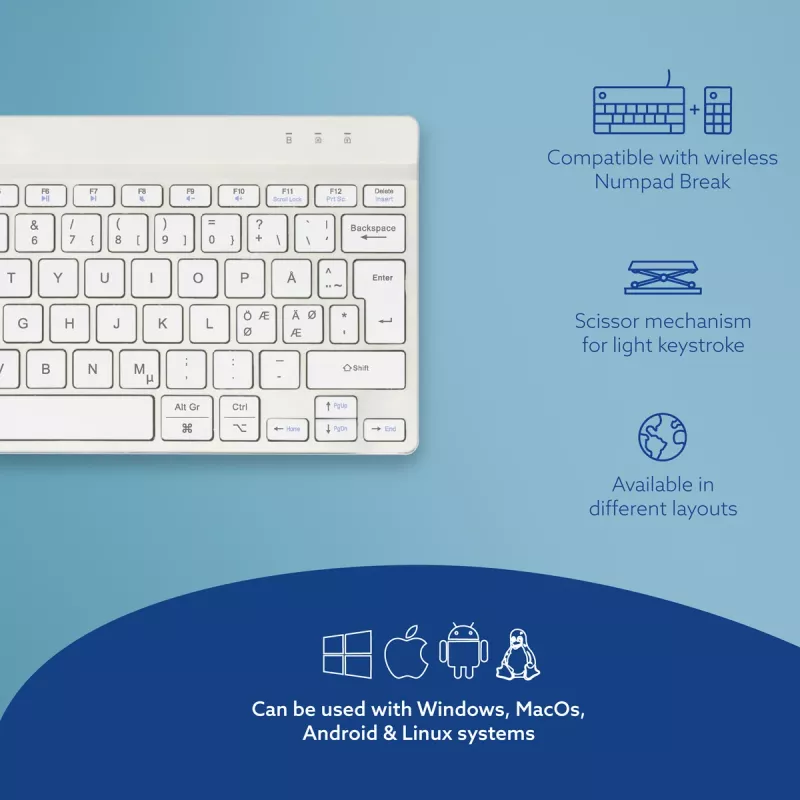 R-Go Tools ergonominė klaviatūra R-Go Compact Break, kompaktiška klaviatūra su pertraukų programa, QWERTY (ŠIAURĖS ŠALIMS), Bluetooth, balta
