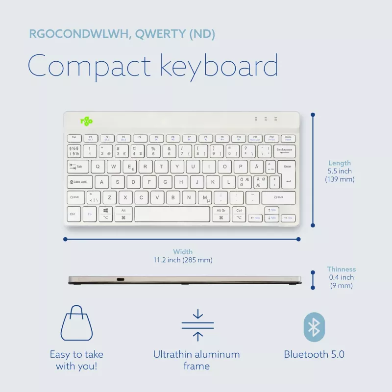 R-Go Tools ergonominė klaviatūra R-Go Compact Break, kompaktiška klaviatūra su pertraukų programa, QWERTY (ŠIAURĖS ŠALIMS), Bluetooth, balta