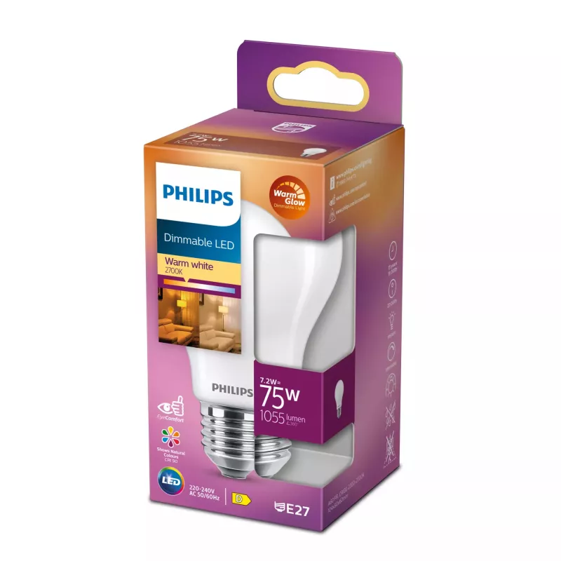 Philips Filament Bulb Frosted 75W A60 E27, 7,2 W, 75 W, E27, 1055 lm, 15000 h, šilta šviesa