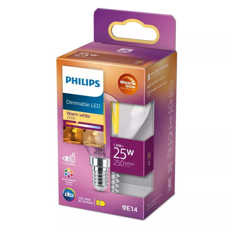 “Philips” siūlinė žvakė skaidri 25 W P45 E14, 2,5 W, 25 W, E14, 340 lm, 15000 h, šiltas švytėjimas