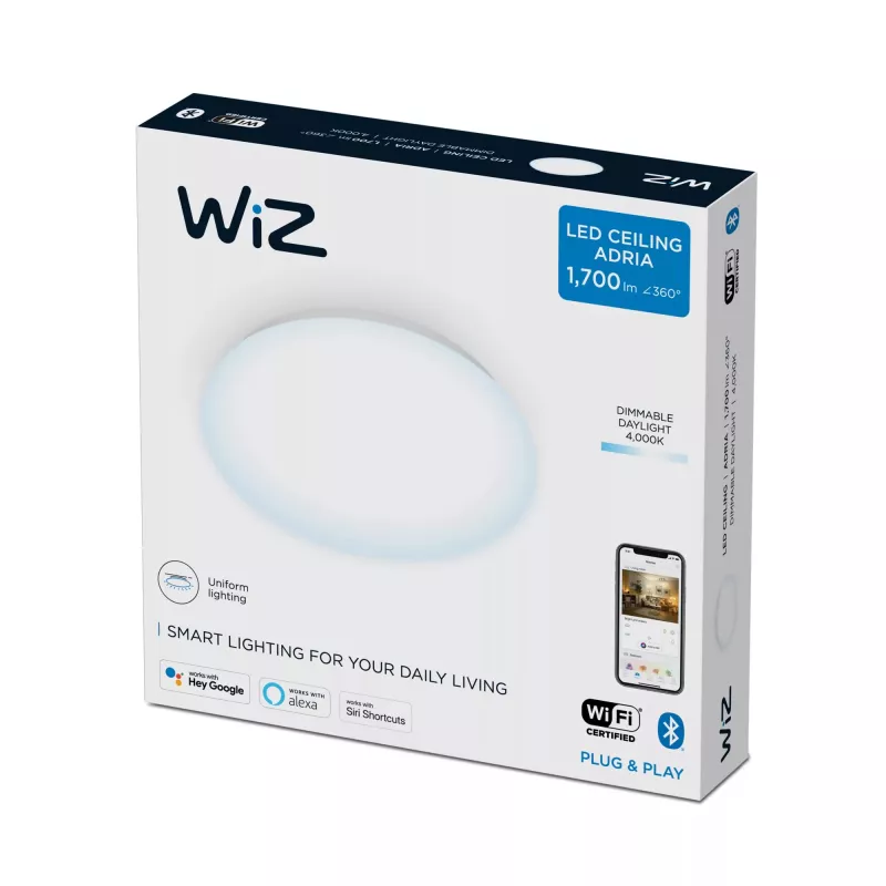 Išmanusis lubinis šviestuvas Signify WiZ Adria 17 W — Wi‑Fi/Bluetooth, 320×320×68 mm, balta