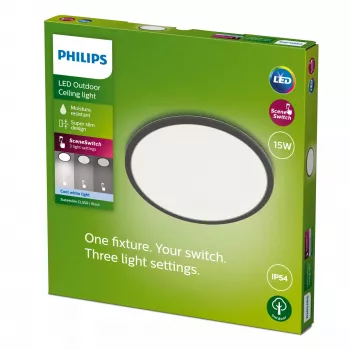 Lubinis šviestuvas Philips Superslim 15W LED, 4000K, IP54, 250×250 mm, juoda/balta