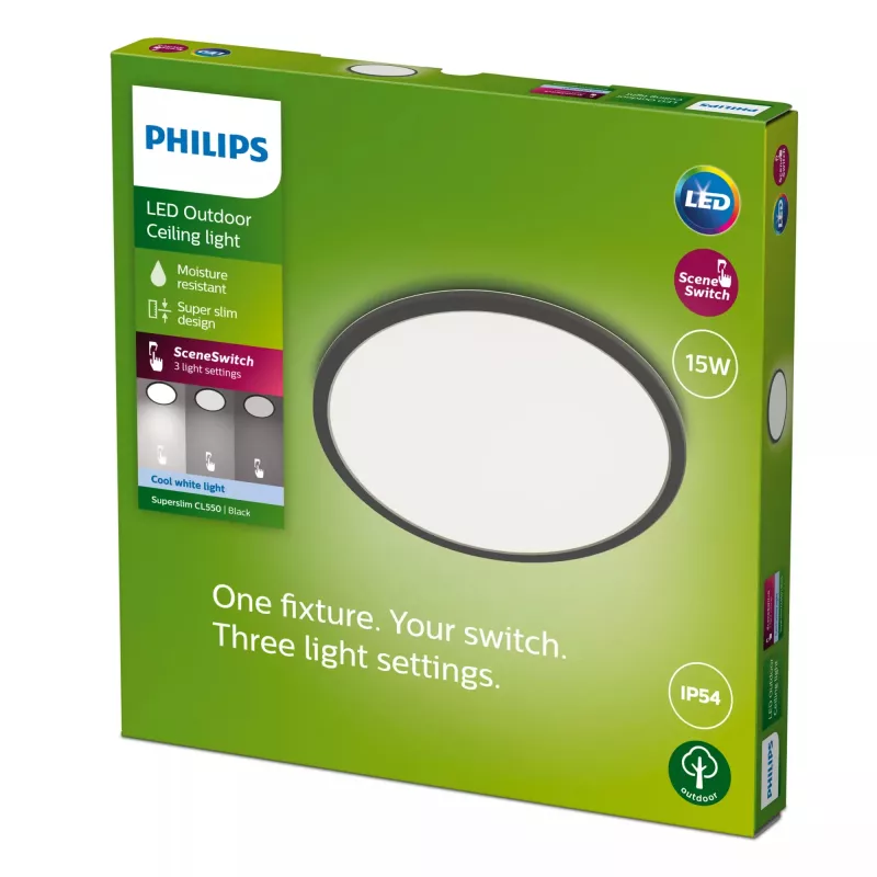 Lubinis šviestuvas Philips Superslim 15W LED, 4000K, IP54, 250×250 mm, juoda/balta