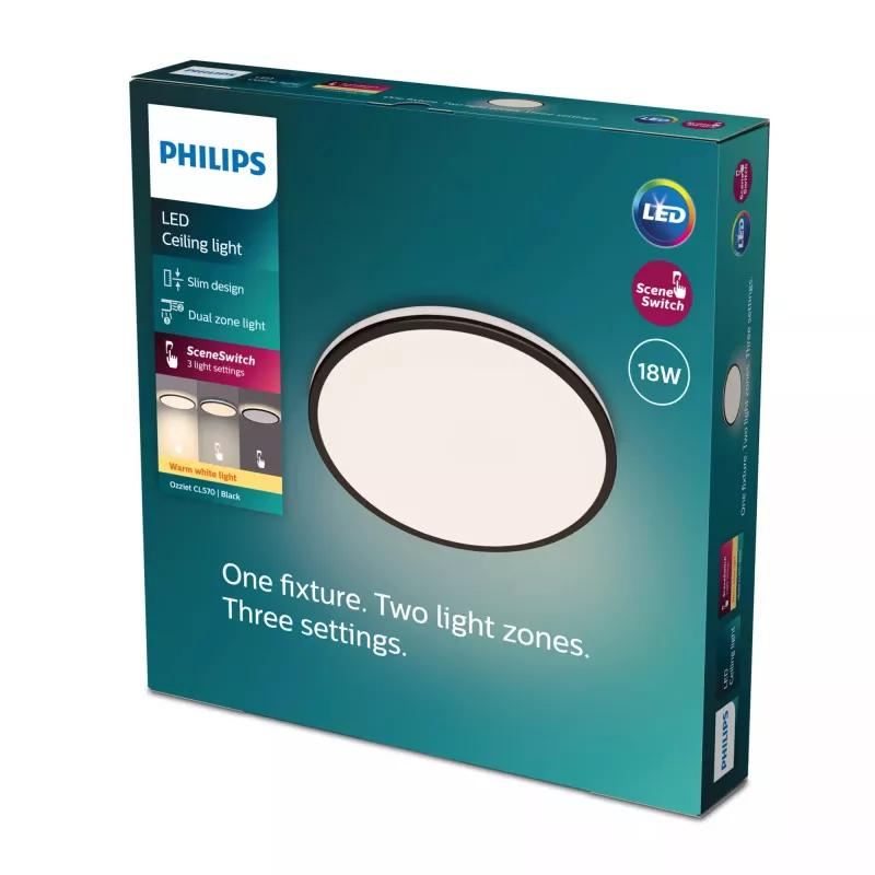 Lubinis šviestuvas Philips Functional Ozziet 18 W LED, apvalus, juodas, nekeičiama lemputė, 220–240 V