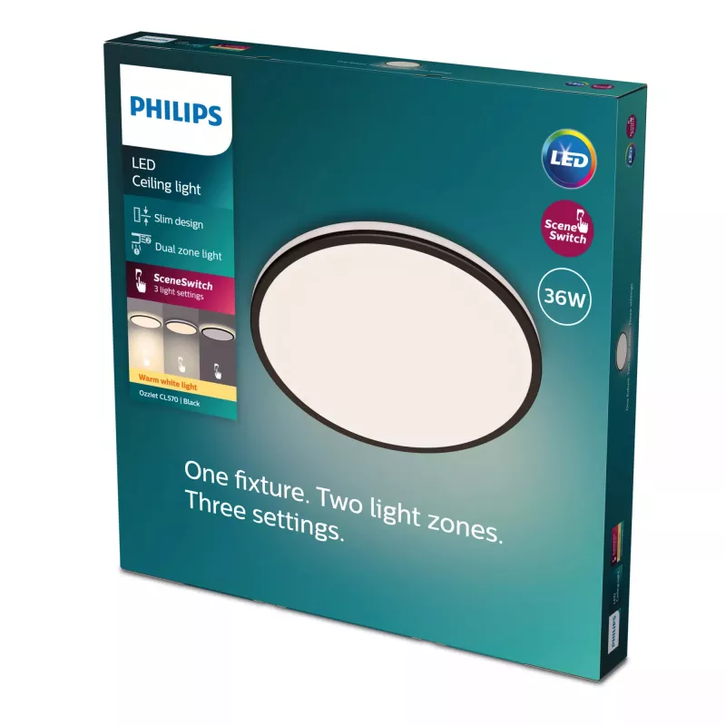 Lubinis šviestuvas Philips Ozziet 36 W LED, apvalus 500×55 mm, juodas, nekeičiamas LED modulis