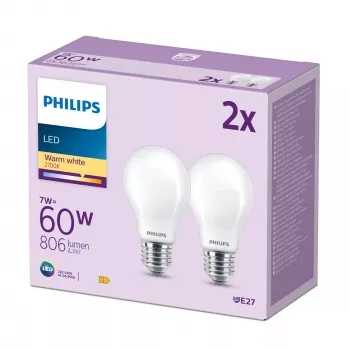 Philips Filament Bulb Frosted 60W A60 E27 x2, 7 W, 60 W, E27, 806 lm, 15000 h, šilta balta