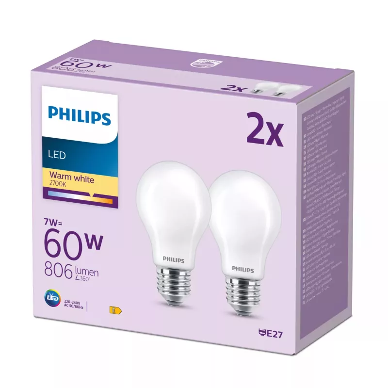 Philips Filament Bulb Frosted 60W A60 E27 x2, 7 W, 60 W, E27, 806 lm, 15000 h, šilta balta