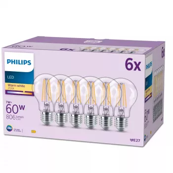Philips Filament Bulb Frosted 60W A60 E27 x6, 7 W, 60 W, E27, 806 lm, 15000 h, šilta balta