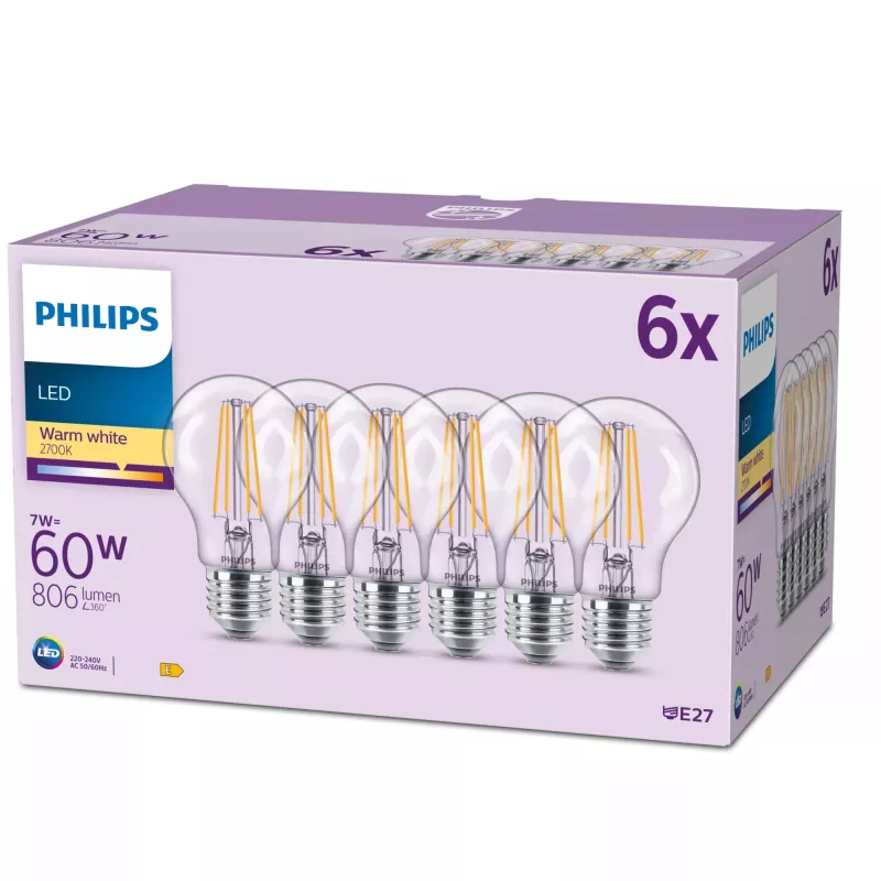 Philips Filament Bulb Frosted 60W A60 E27 x6, 7 W, 60 W, E27, 806 lm, 15000 h, šilta balta