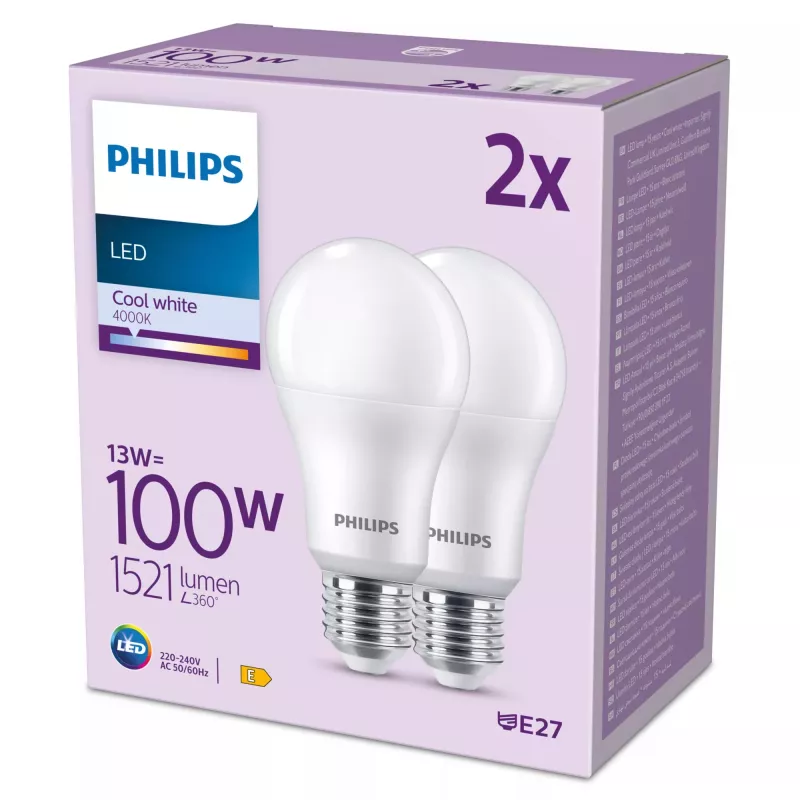 Philips Bulb 100W A67 E27 x2, 13 W, 100 W, E27, 1521 lm, 15000 h, šalta balta