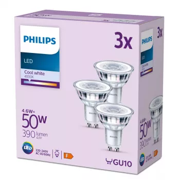 Philips Spot 50W PAR16 GU10 x3, 4,6 W, 50 W, GU10, 390 lm, 15000 h, Šalta balta