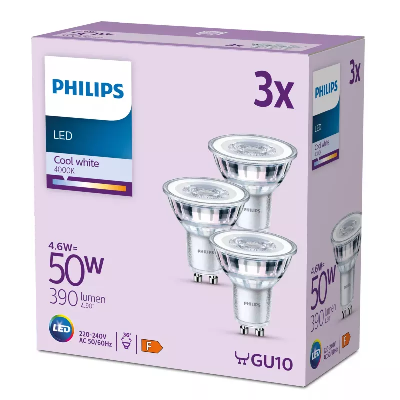 Philips Spot 50W PAR16 GU10 x3, 4,6 W, 50 W, GU10, 390 lm, 15000 h, Šalta balta