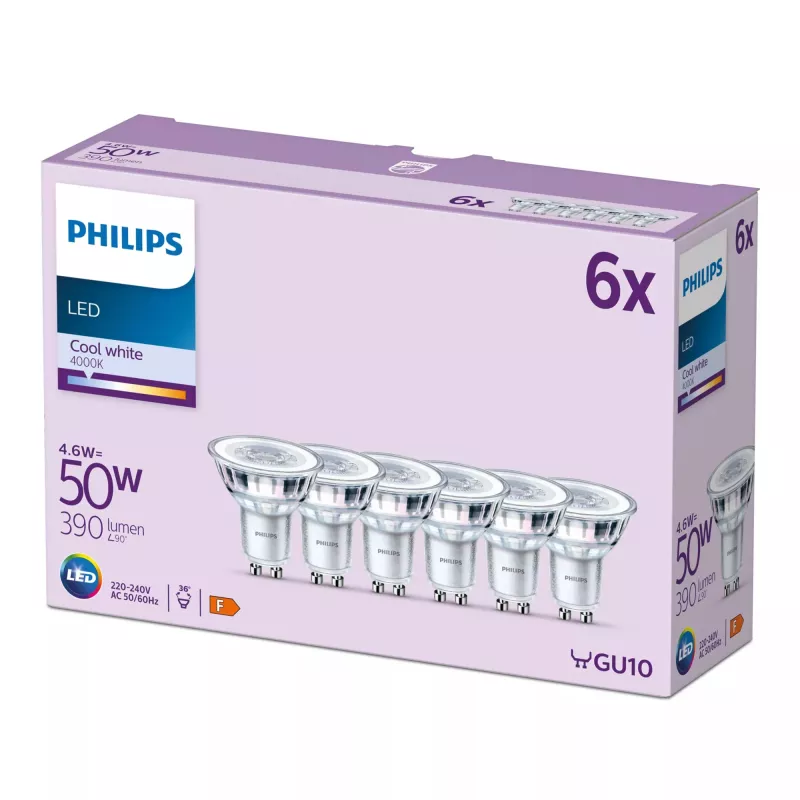 Philips Spot 50W PAR16 GU10 x6, 4,6 W, 50 W, GU10, 390 lm, 15000 val., Šalta balta