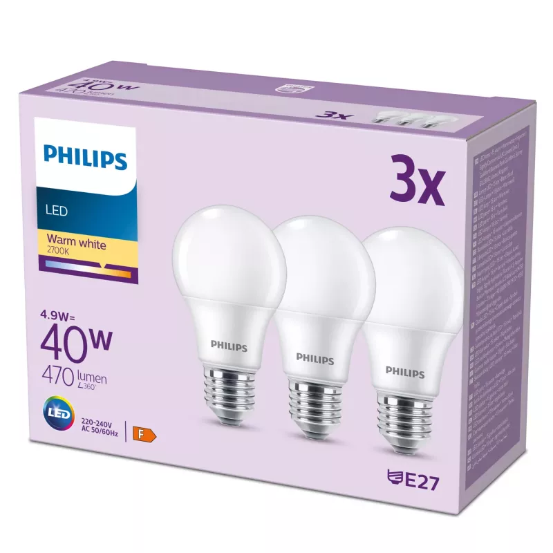Philips Lemputė 40W A60 E27 x3, 4,9 W, 40 W, E27, 470 lm, 15000 h, Šilta balta