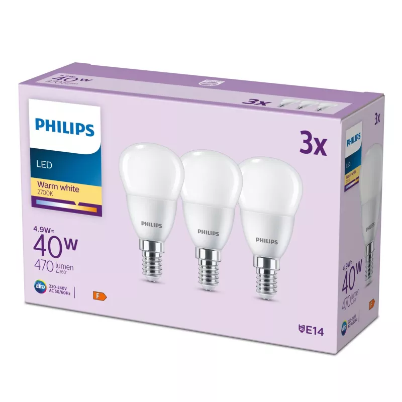 Philips Candle 40W P45 E14 x3, 4,9 W, 40 W, E14, 470 lm, 15 000 h, šilta balta