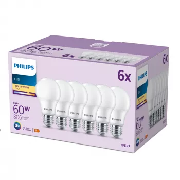 Philips Bulb 60W A60 E27 x6, 8 W, 60 W, E27, 806 lm, 15000 h, šilta balta