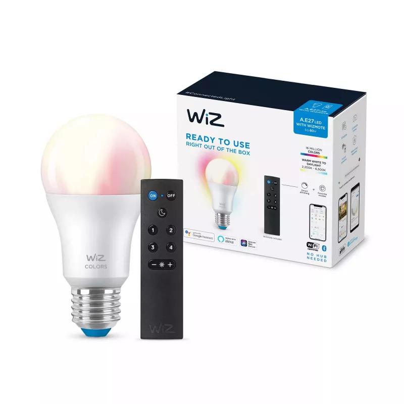 WiZ lemputė 8W (attik. 60W) A60 E27 x1 + Nuotolinio valdymo pultelis, Išmanioji lemputė, Wi-Fi/Bluetooth, Balta, Wi-Fi 4 (802.11n), 802.11b, 802.11g, LED, E27
