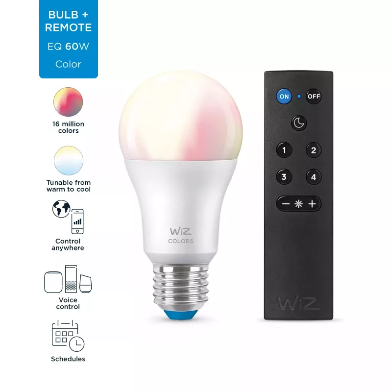 WiZ lemputė 8W (attik. 60W) A60 E27 x1 + Nuotolinio valdymo pultelis, Išmanioji lemputė, Wi-Fi/Bluetooth, Balta, Wi-Fi 4 (802.11n), 802.11b, 802.11g, LED, E27